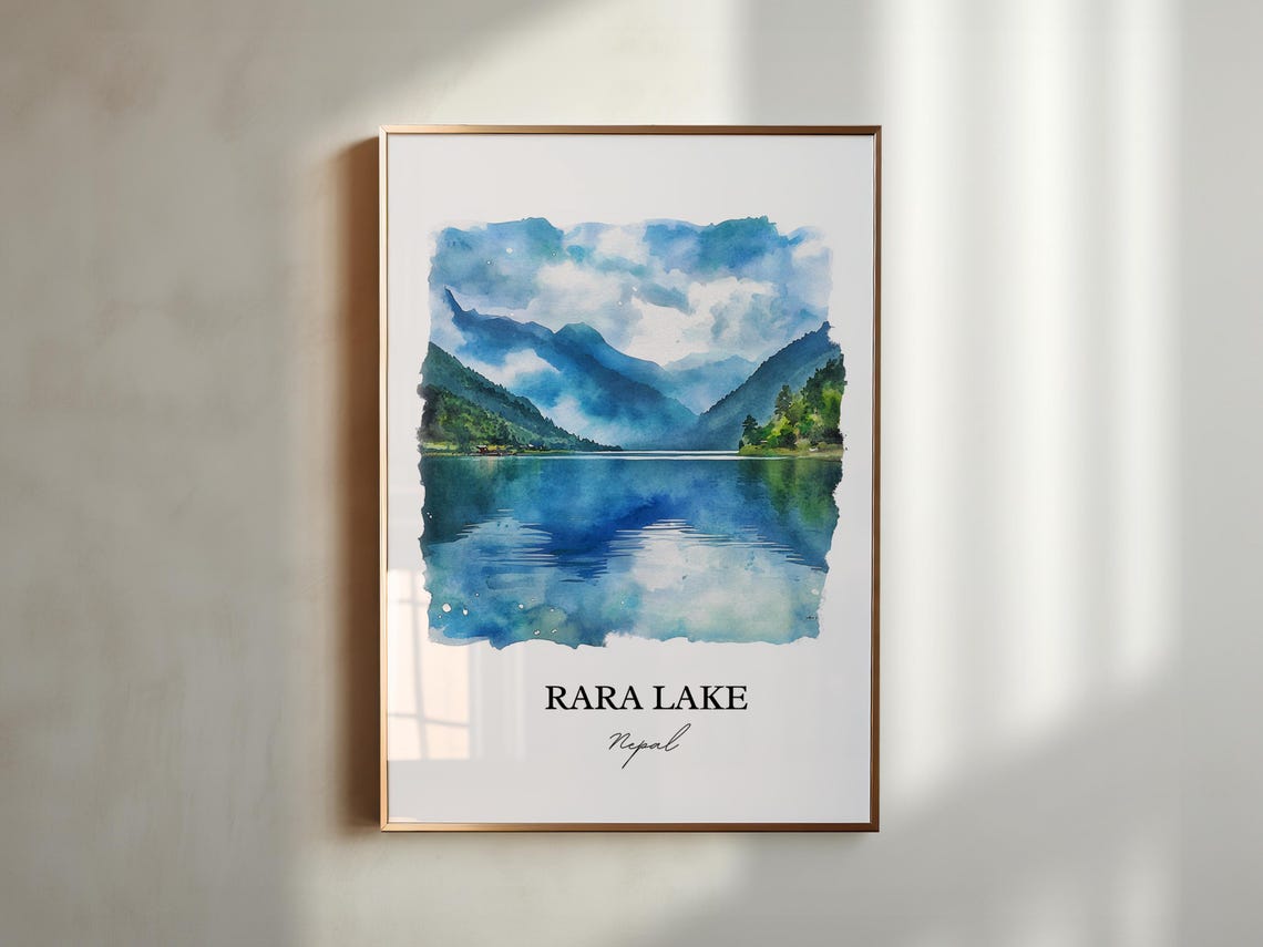 Rara Lake Nepal Watercolor Mountain Lake Reflection Travel Poster - Image 3