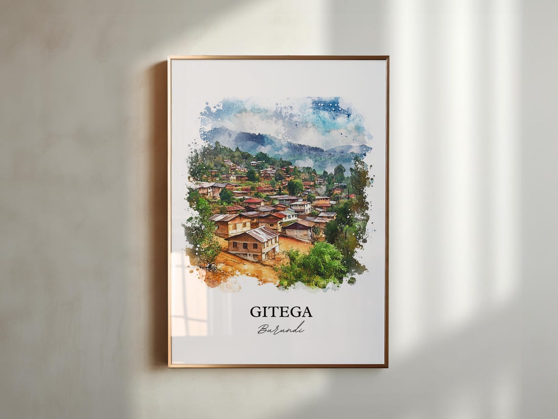 Gitega Burundi African Watercolor Hillside Village Art Poster - Image 6