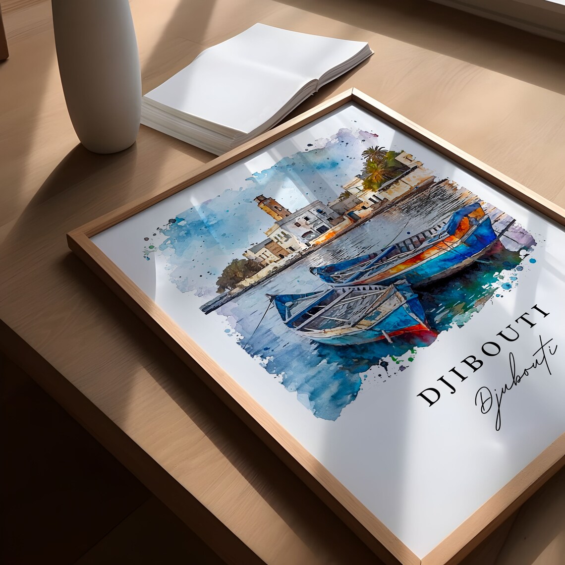 Djibouti Watercolor Harbor Boats Coastal Town Lighthouse Art Poster - Image 6