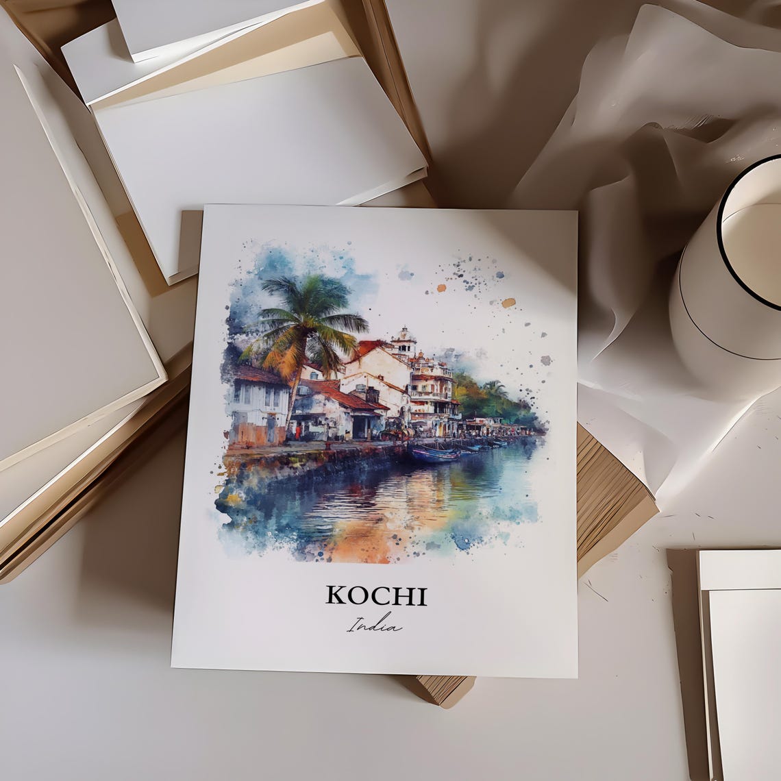 Kochi India Watercolor Harbor Scene Travel Souvenir Art Poster - Image 4