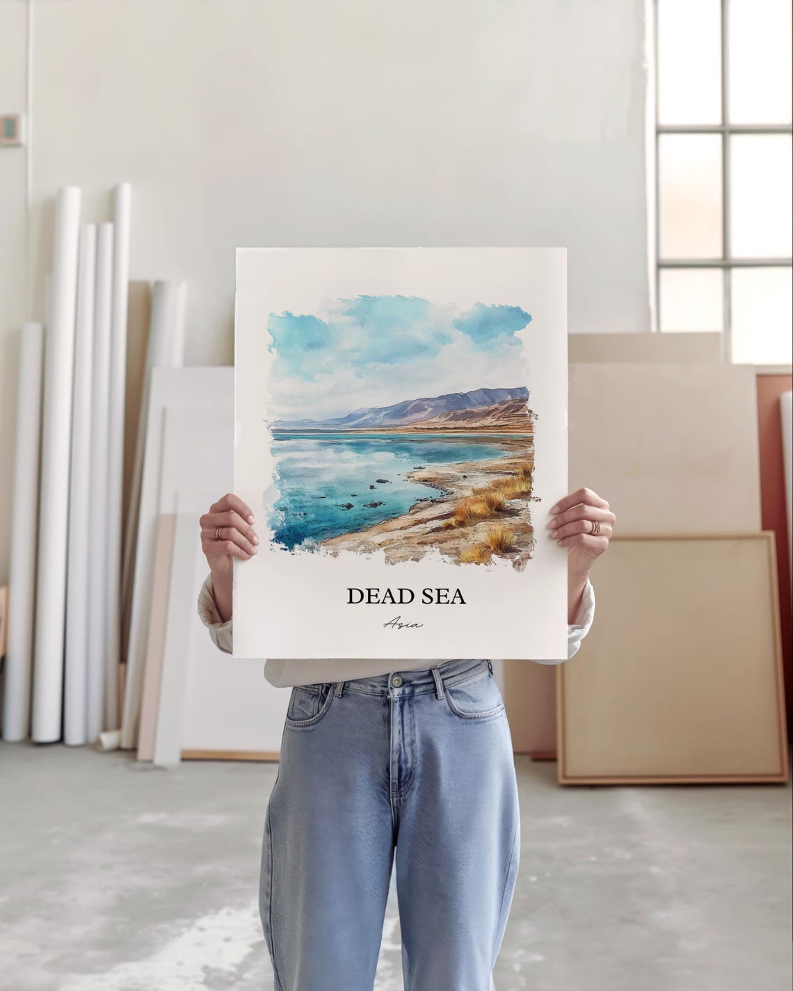 Dead Sea Asia Salt Lake Shoreline Watercolor Landscape Travel Poster - Image 4