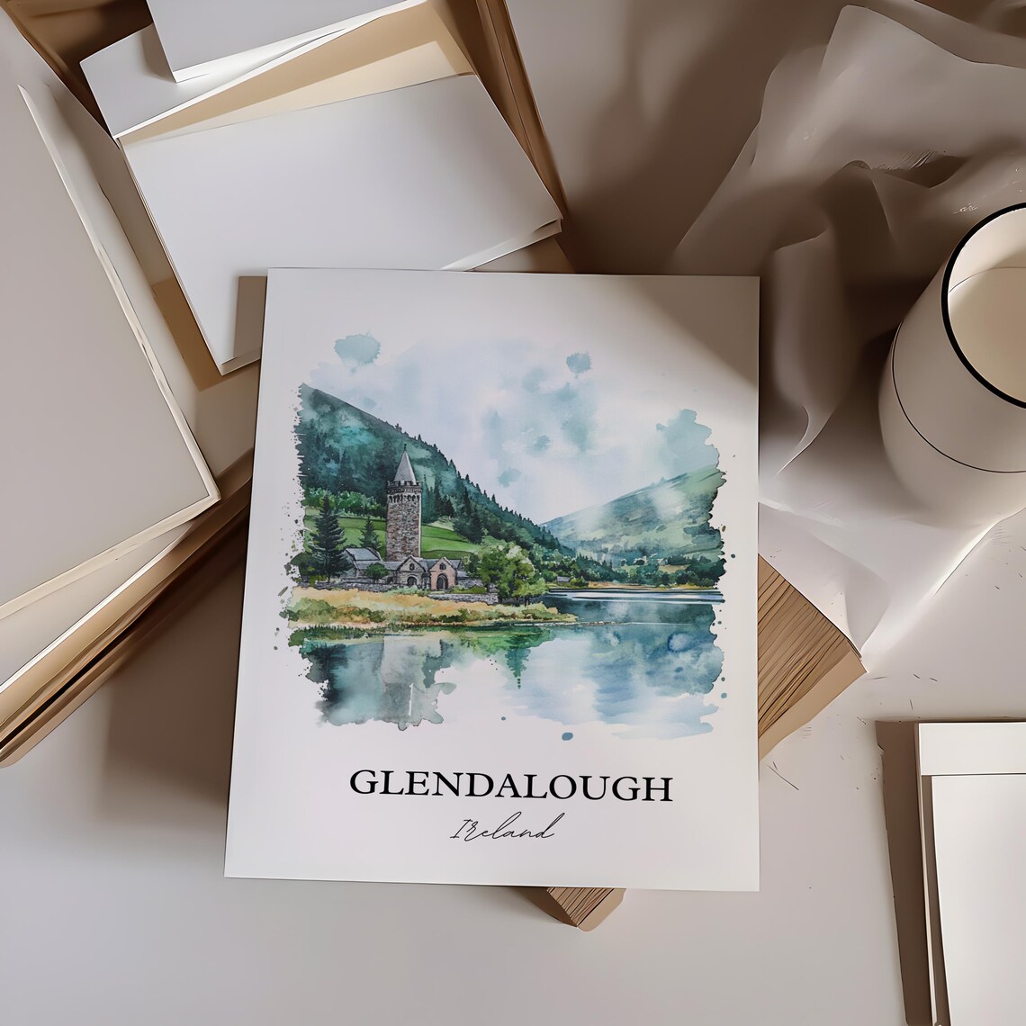 Glendalough Ireland Round Tower Lake Watercolor Travel Poster - Image 4