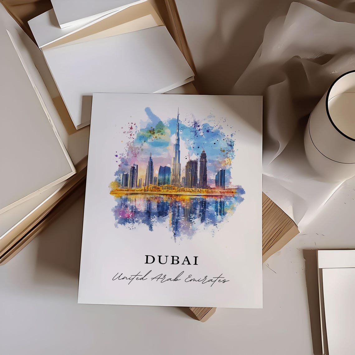 Dubai UAE Burj Khalifa Skyline Reflection Watercolor Travel Poster - Image 6