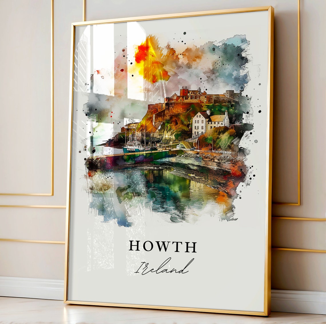 Howth Ireland Castle and Harbor Boats Watercolor Cityscape Poster - Image 4