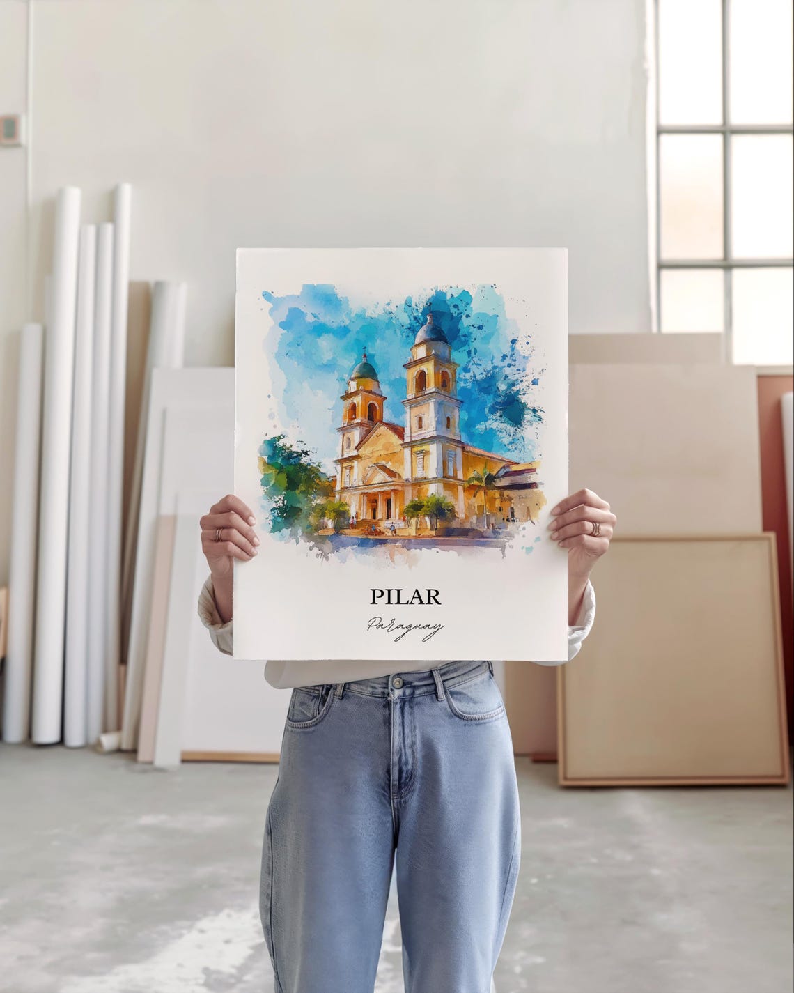 Pilar Paraguay Watercolor Twin Tower Church Landmark Art Poster - Image 5