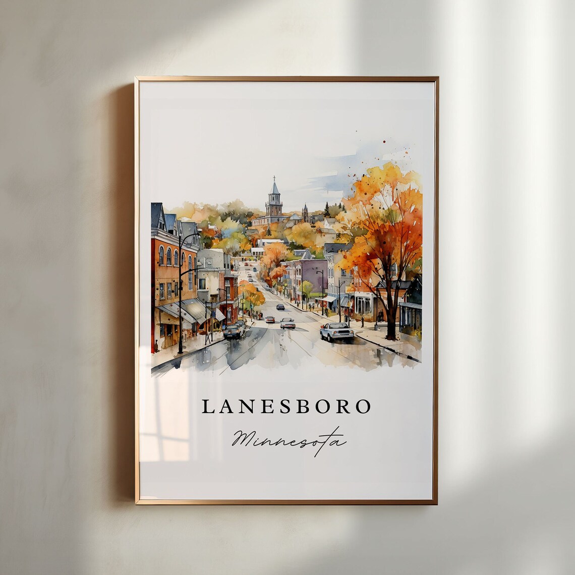 Lanesboro Minnesota Watercolor Main Street Autumn Trees Church Poster