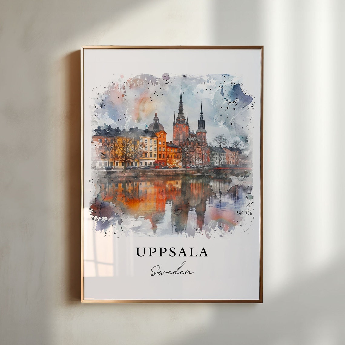 Uppsala Sweden Cathedral Riverside Watercolor City Reflection Poster