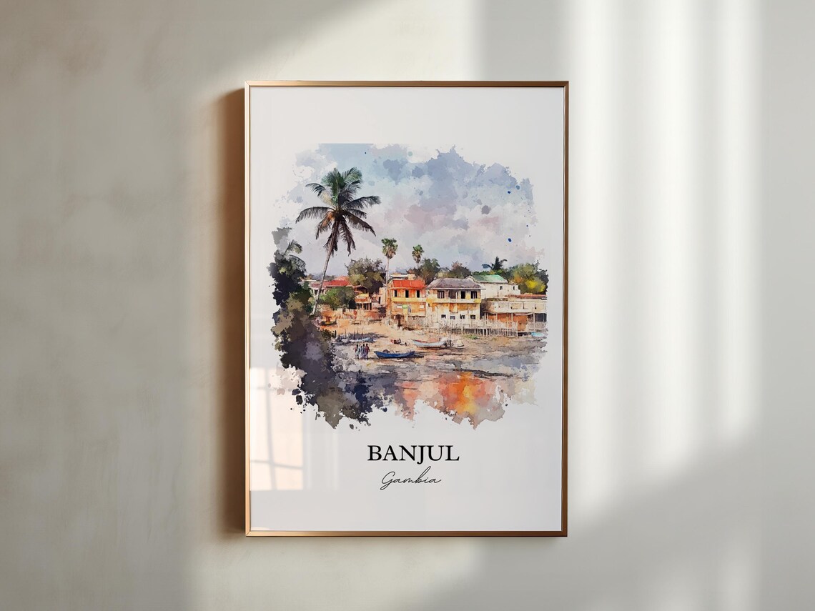 Banjul Gambia Fishing Boats Palm Beach Watercolor Travel Poster - Image 6