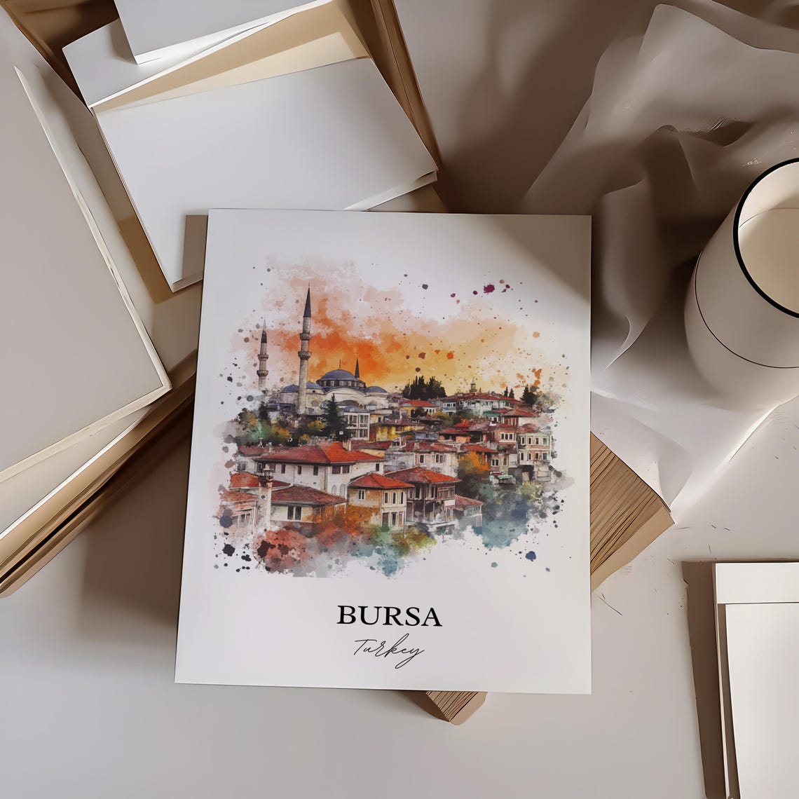Bursa Turkey Watercolor Old Town Mosque Skyline Travel Poster - Image 4