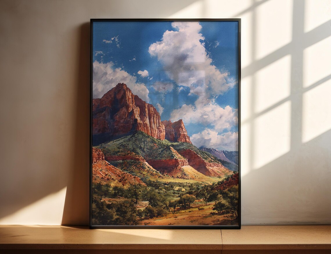 Zion National Park Utah Red Cliffs Watercolor Poster Canyon Cloudscape Art