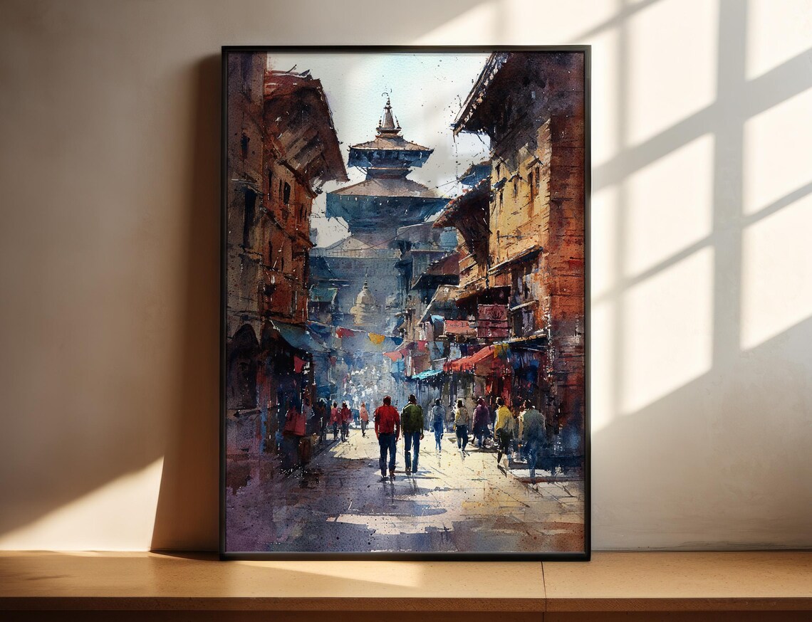 Kathmandu Watercolor Travel Poster, Nepal Decor