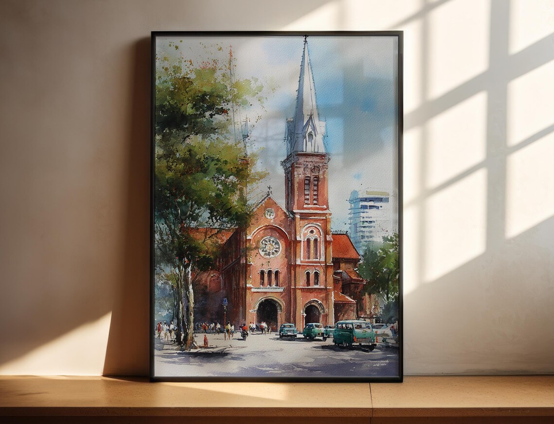 Historic Red Brick Cathedral Street Watercolor City Scene Art Poster
