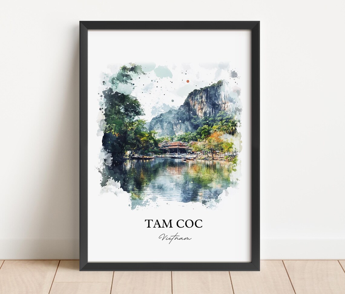 Tam Coc Vietnam Watercolor Karst River Boats Landscape Art Poster - Image 3