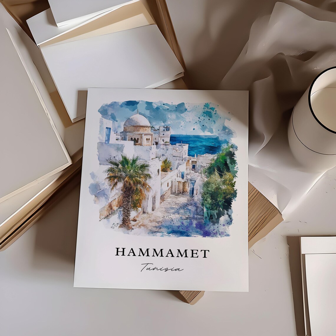 Hammamet Tunisia Watercolor Of White Medina And Palm By The Sea Poster - Image 2