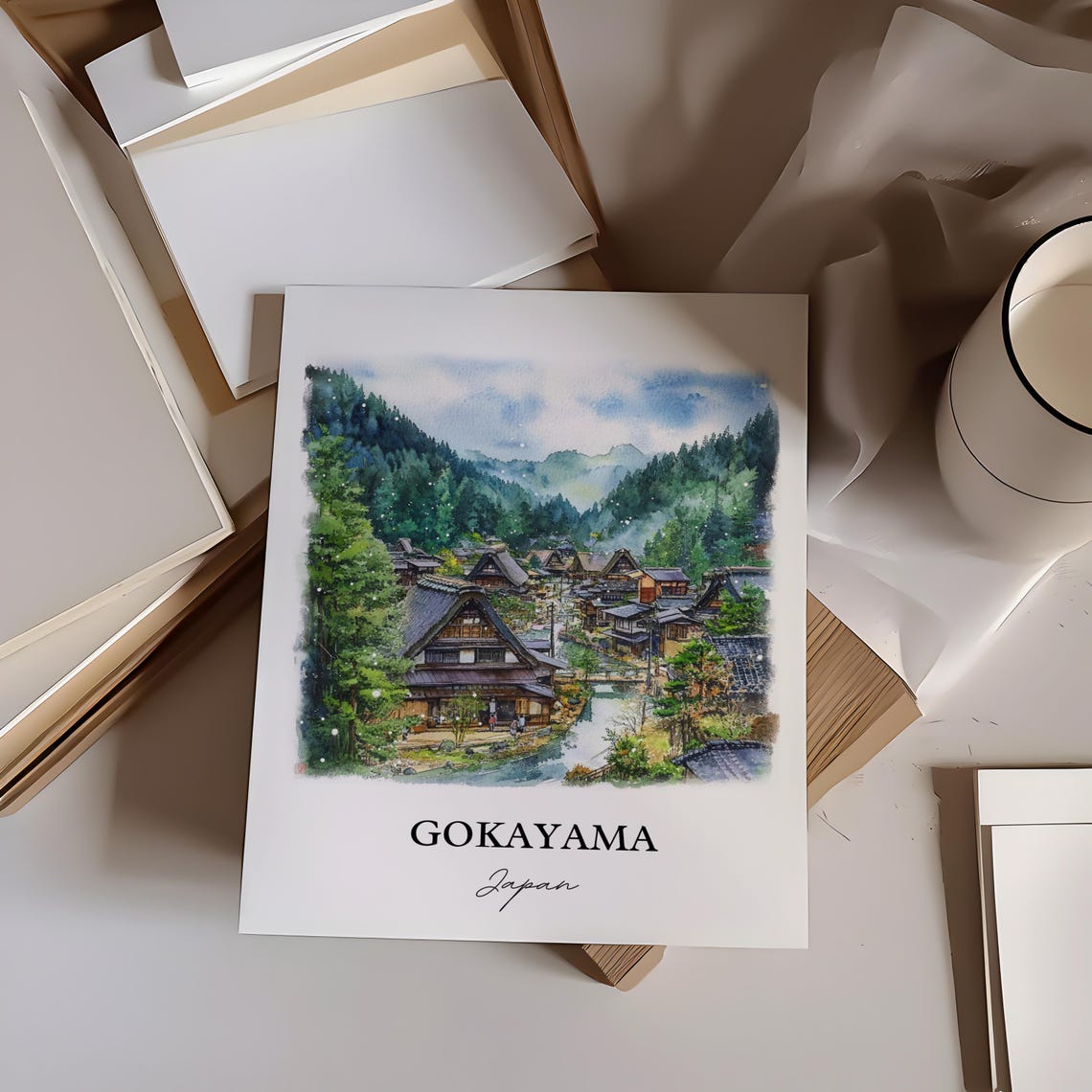Gokayama Japan Watercolor Thatched Roof Village Valley Poster - Image 3