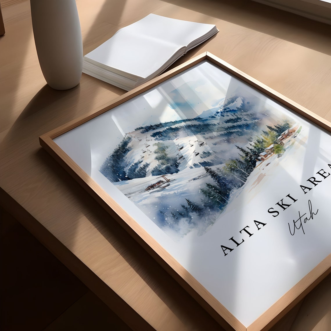 Alta Ski Area Utah Watercolor Snowy Mountain Ski Resort Poster - Image 5