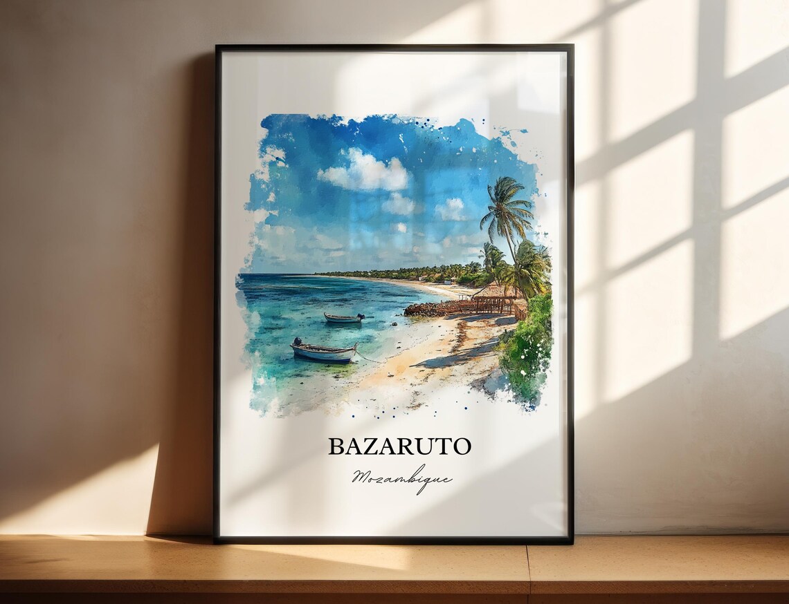 Bazaruto Mozambique Watercolor Beach Boats Island Travel Poster