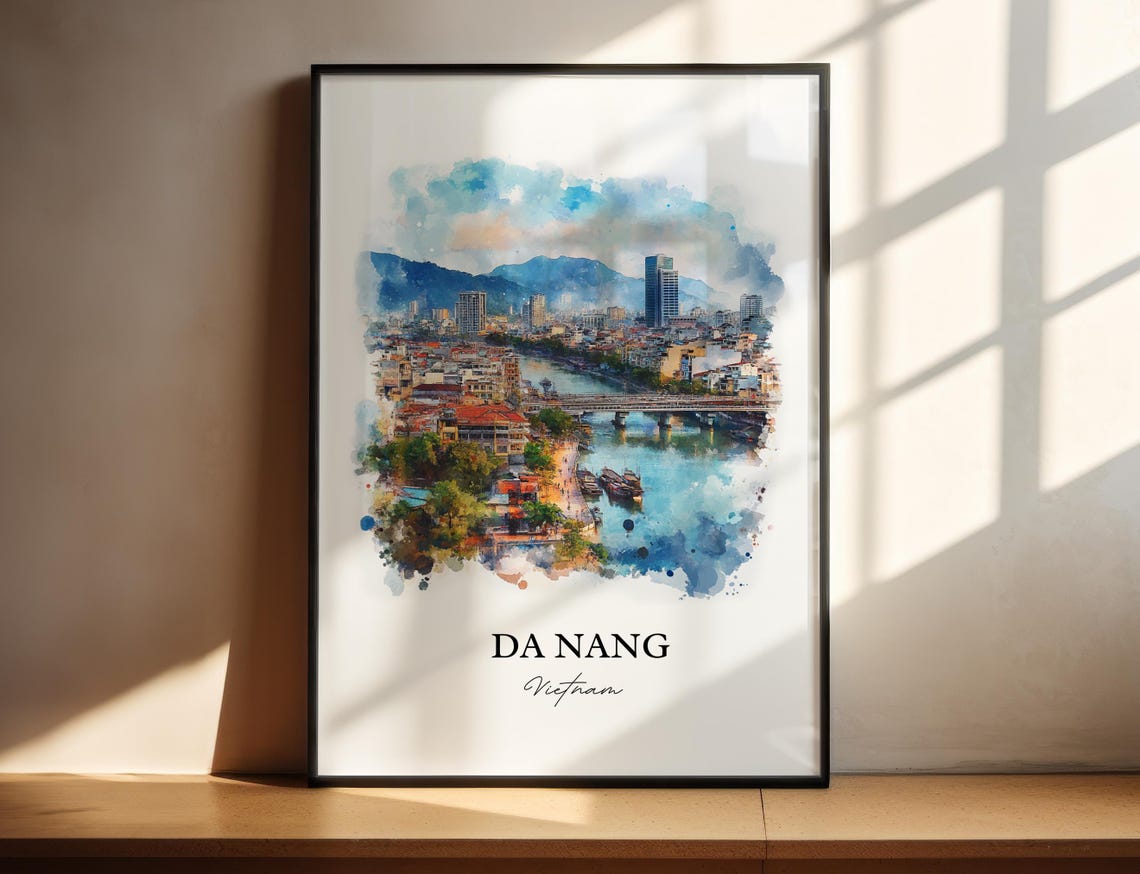 Da Nang Vietnam River City Bridge Scene Watercolor Travel Poster