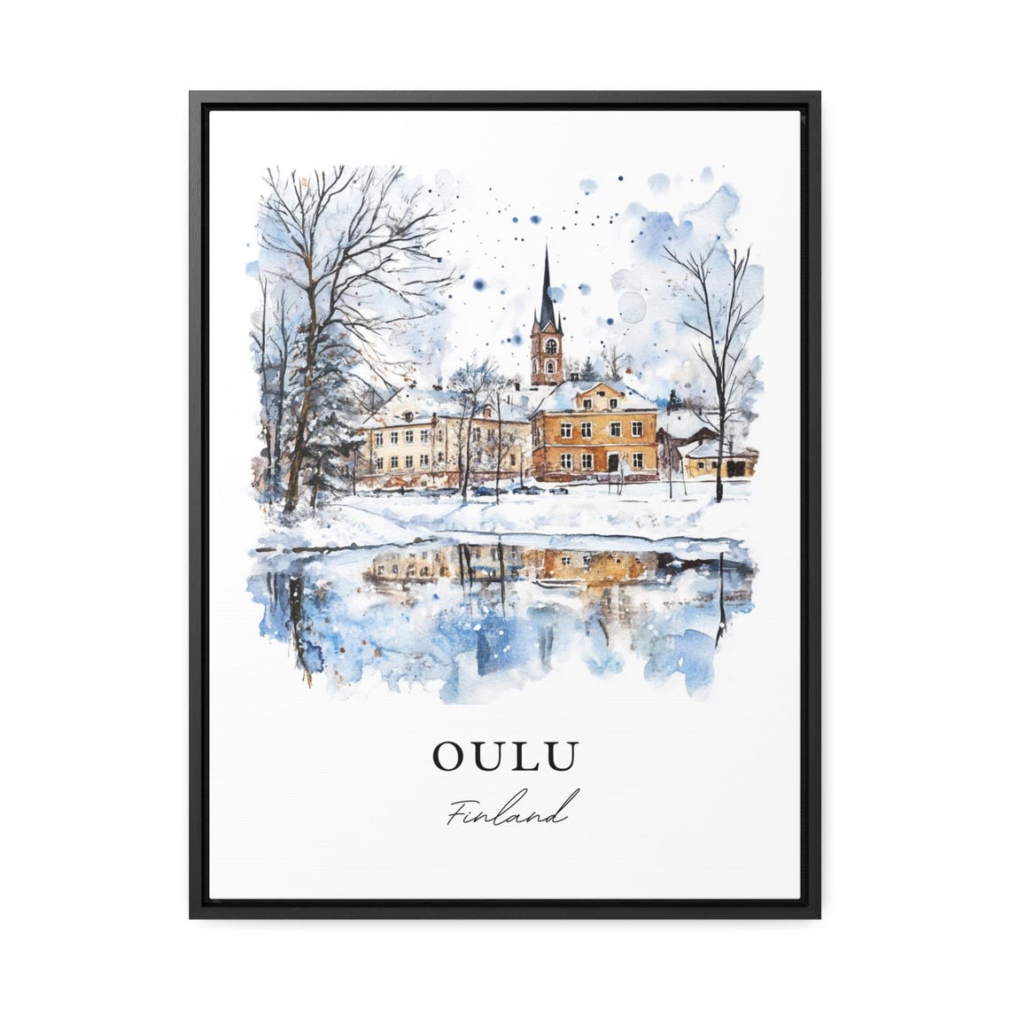 Oulu Finland Watercolor Winter Snow Church Frozen River Poster - Image 2