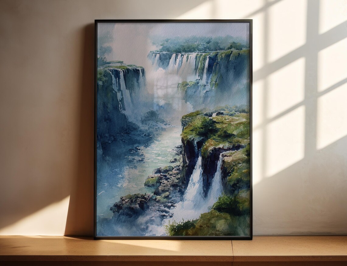 Iguazu Falls Watercolor Brazil Majestic Waterfall Mist Jungle Poster