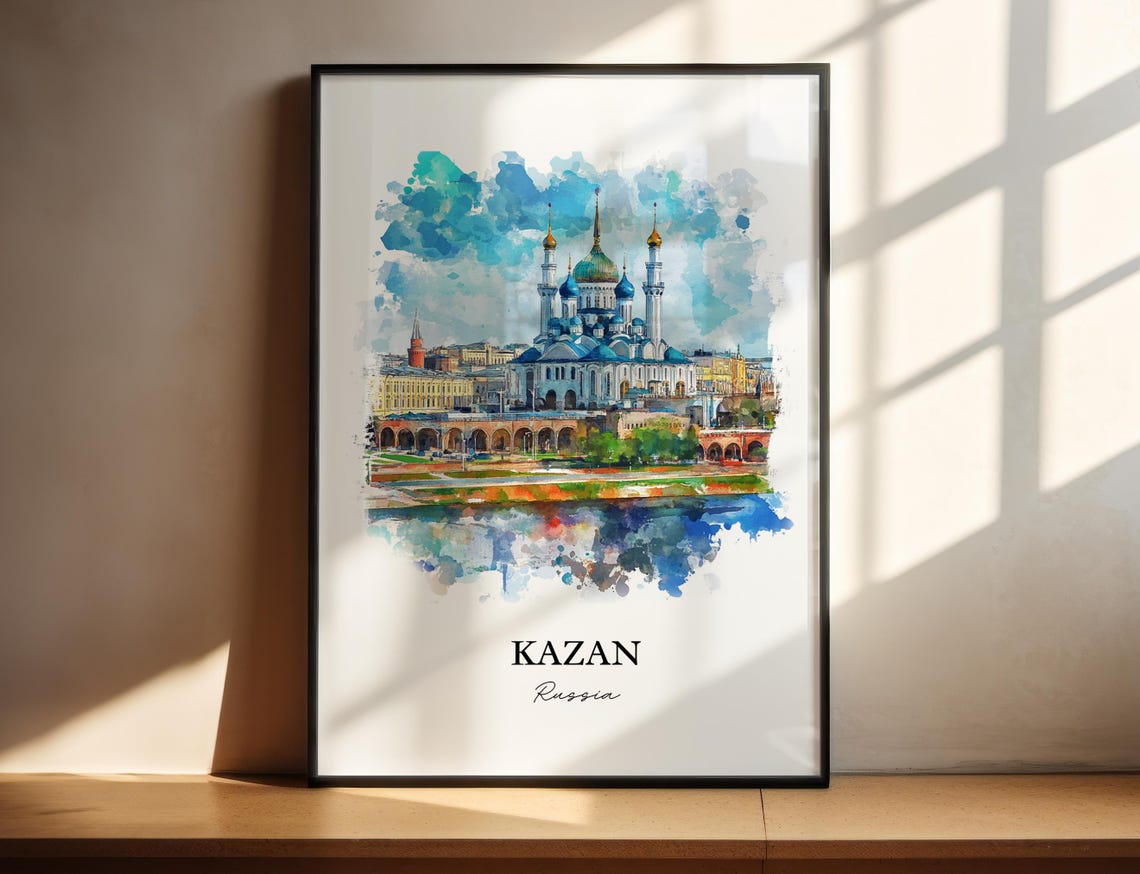 Kazan Russia Watercolor Mosque Minarets River View Travel Poster