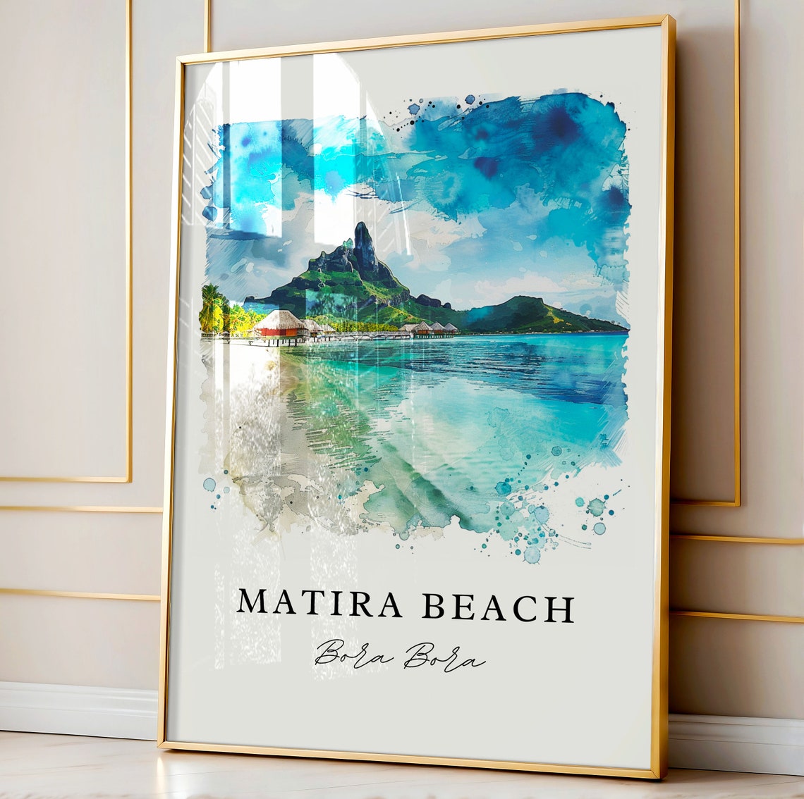 Matira Beach Bora Bora Peak Overwater Bungalows Watercolor Poster - Image 4