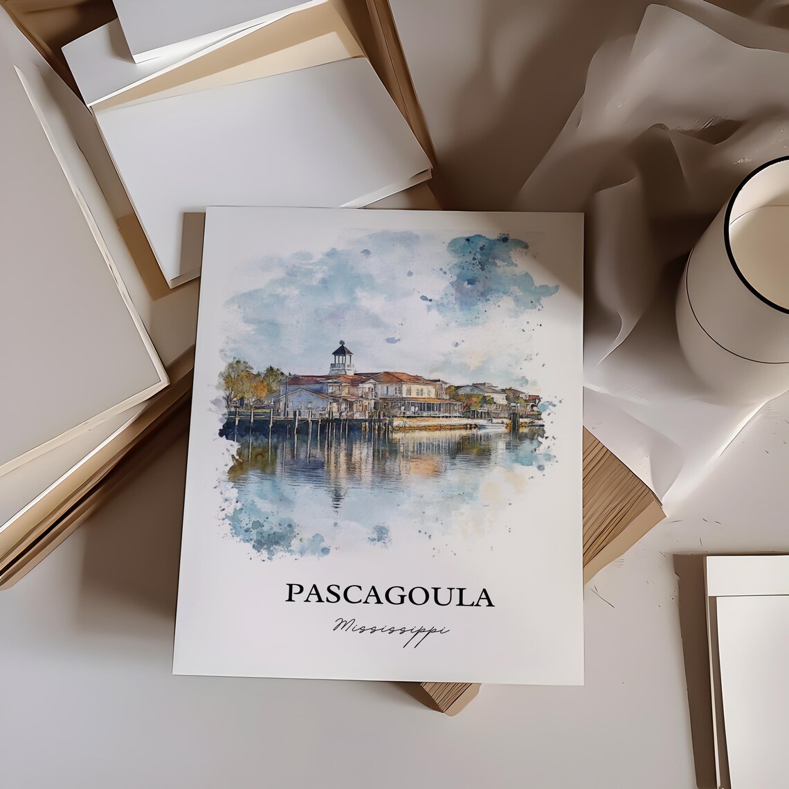 Pascagoula Mississippi Waterfront Buildings Watercolor Art Poster - Image 3