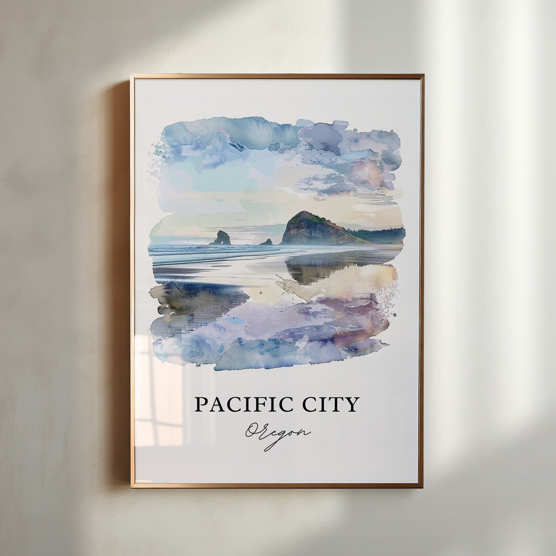Pacific City Oregon Watercolor Coastline Sea Stacks Beach Waves Poster