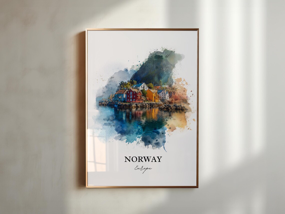 Norway Fishing Village Colorful Cabins Watercolor Fjord Poster - Image 5