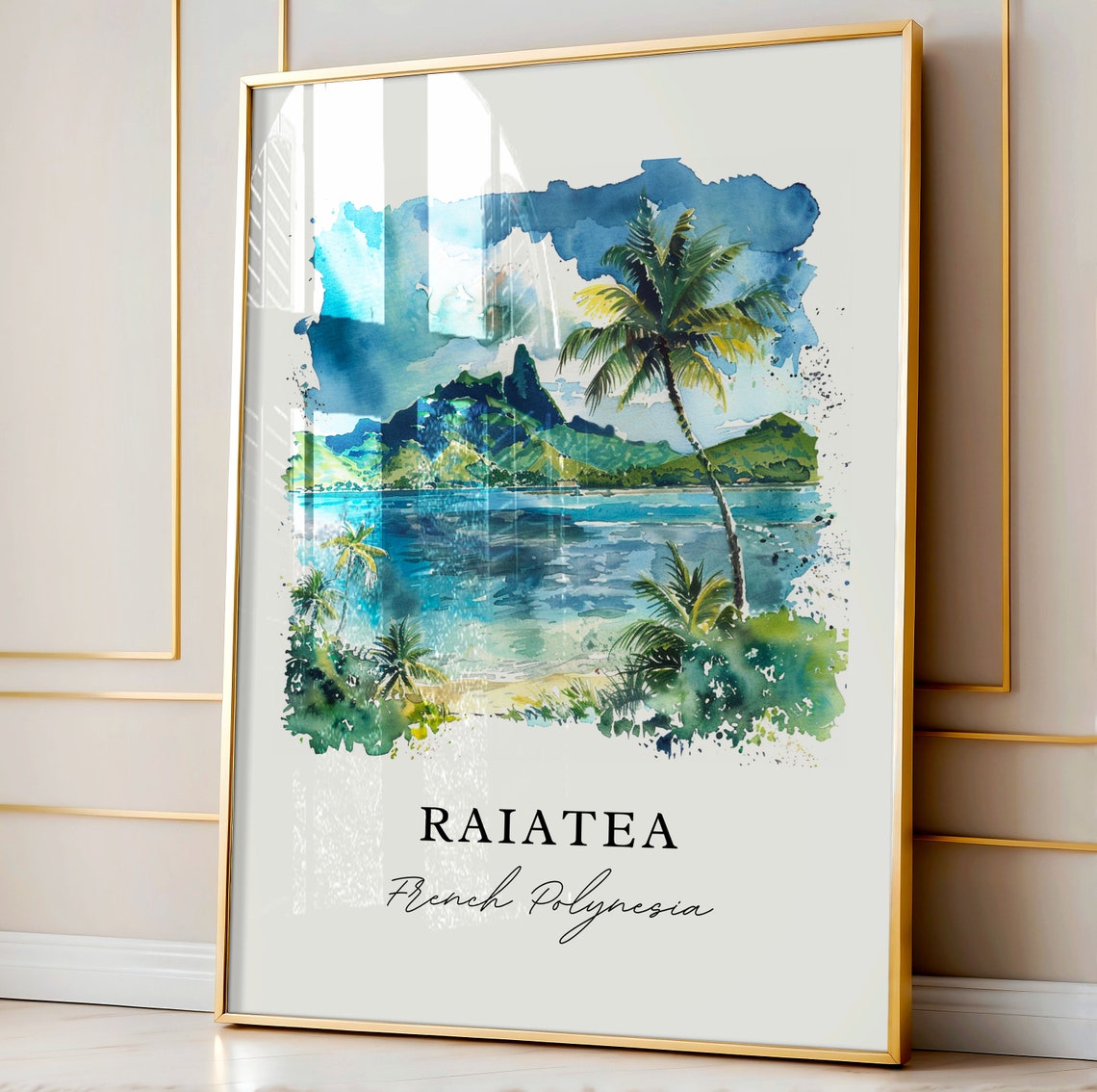 Raiatea French Polynesia Palm Beach Mountain Watercolor Art Poster - Image 4