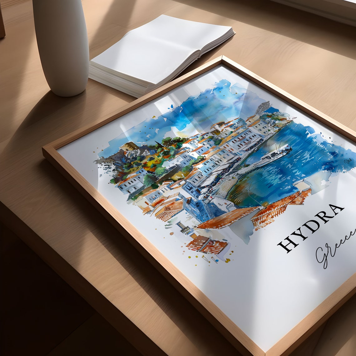Hydra Greece Island Harbor Town Sparkling Watercolor Travel Poster - Image 6