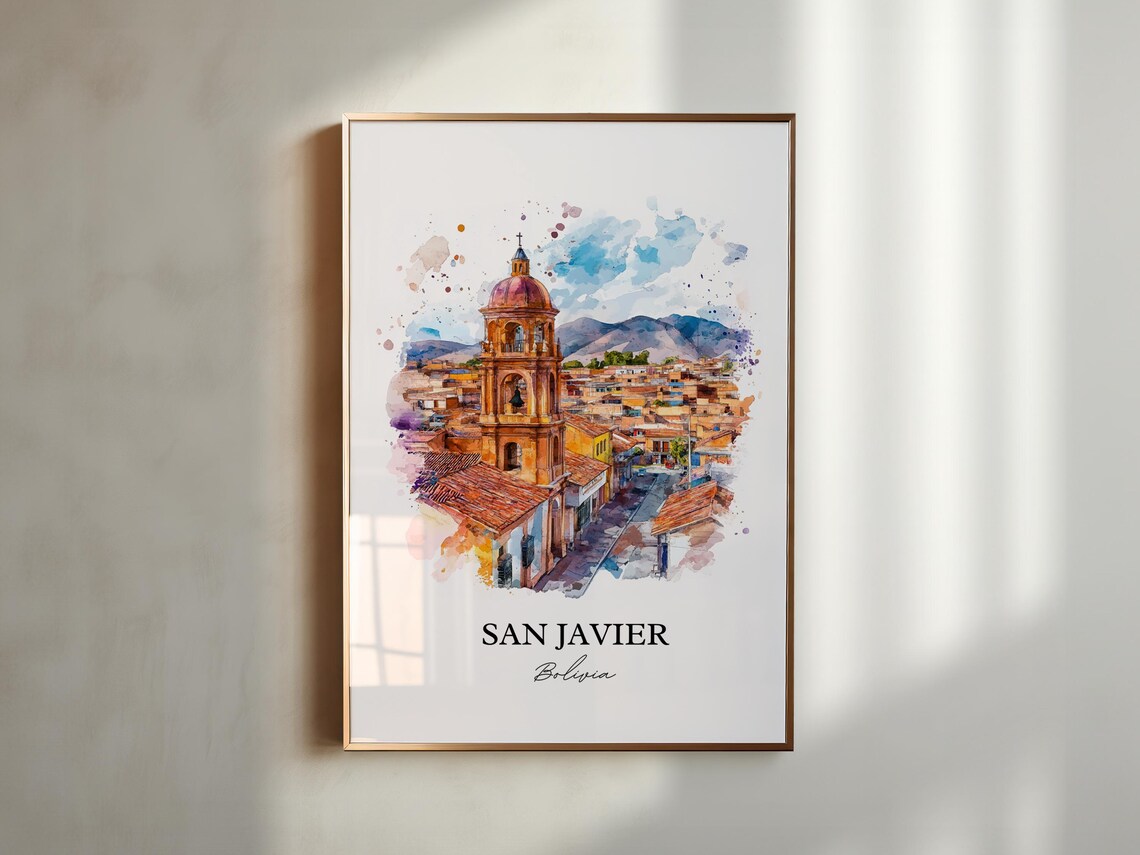 San Javier Bolivia Watercolor Historic Church Tower Town Poster - Image 2