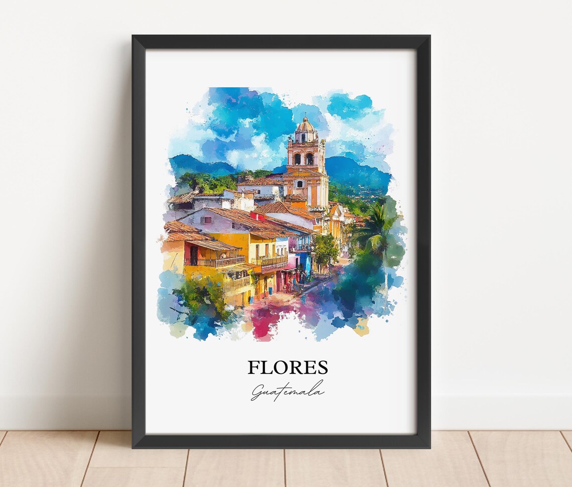 Flores Guatemala Island Town Church Tower Watercolor Island Poster - Image 2