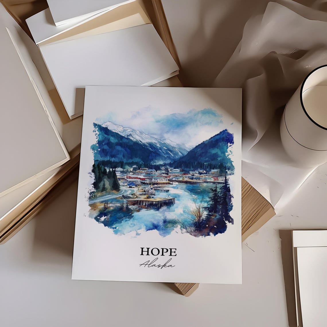 Hope Alaska Harbor Mountain Snow Peak Watercolor Travel Poster - Image 3