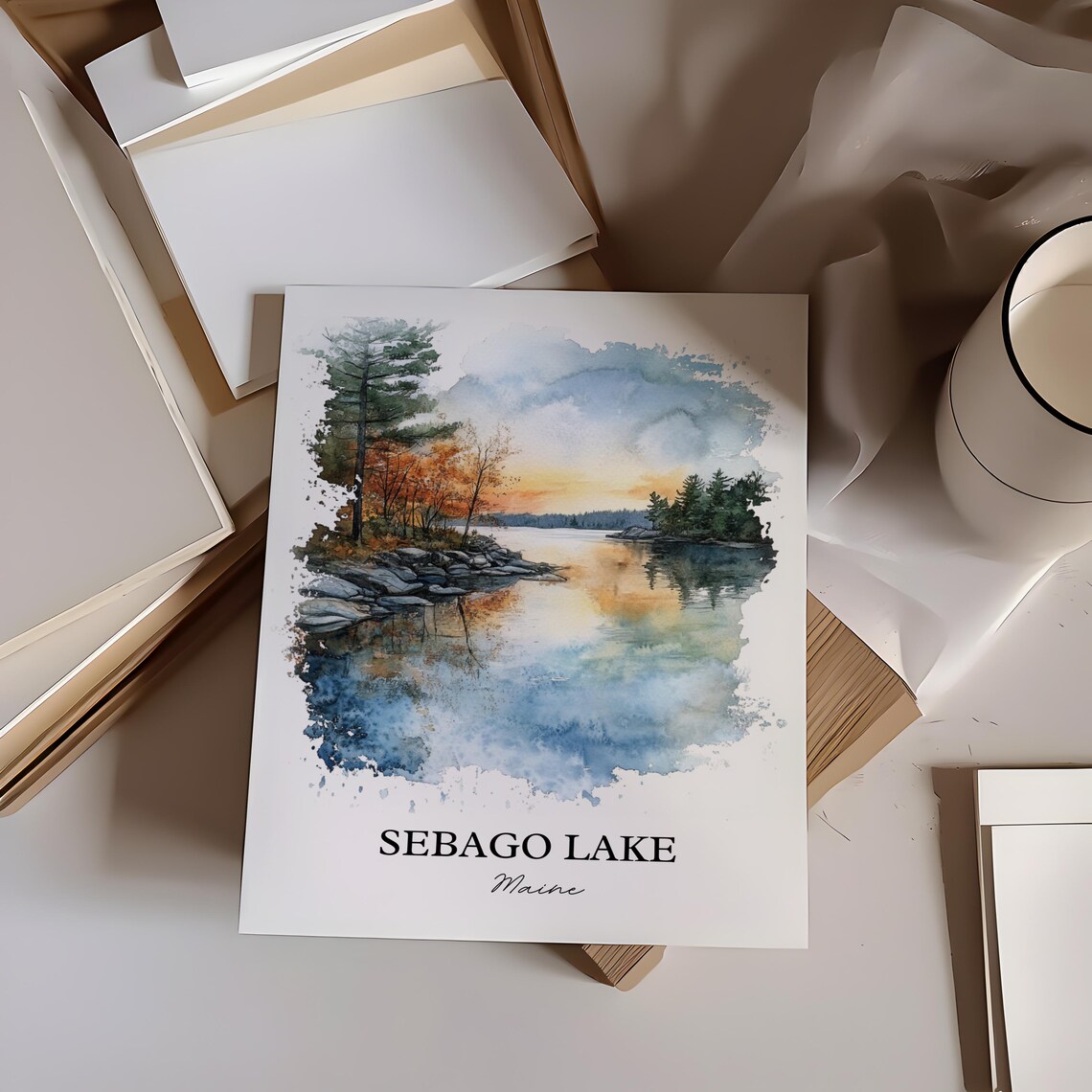 Sebago Lake Maine Autumn Sunset Reflection Watercolor Lake Poster - Image 3