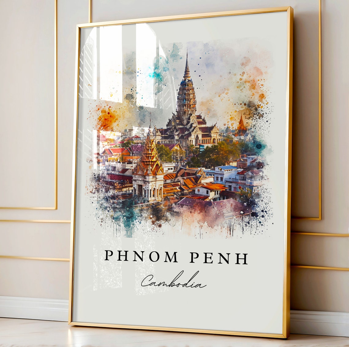 Phnom Penh Cambodia Royal Palace Spires Watercolor Travel Poster - Image 4