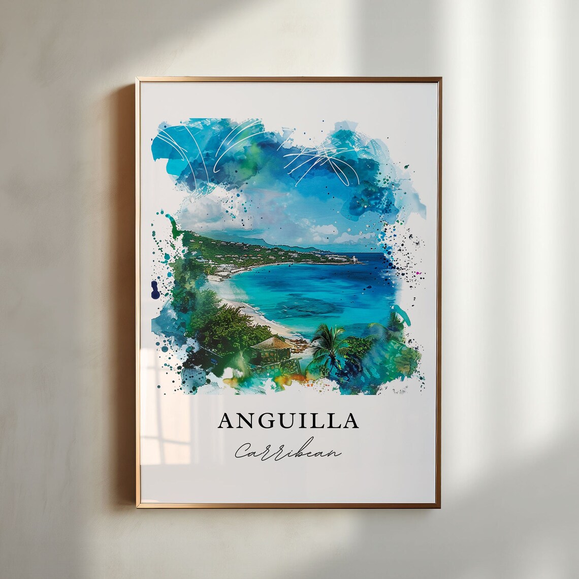 Anguilla Caribbean Turquoise Beach Watercolor Island Travel Poster