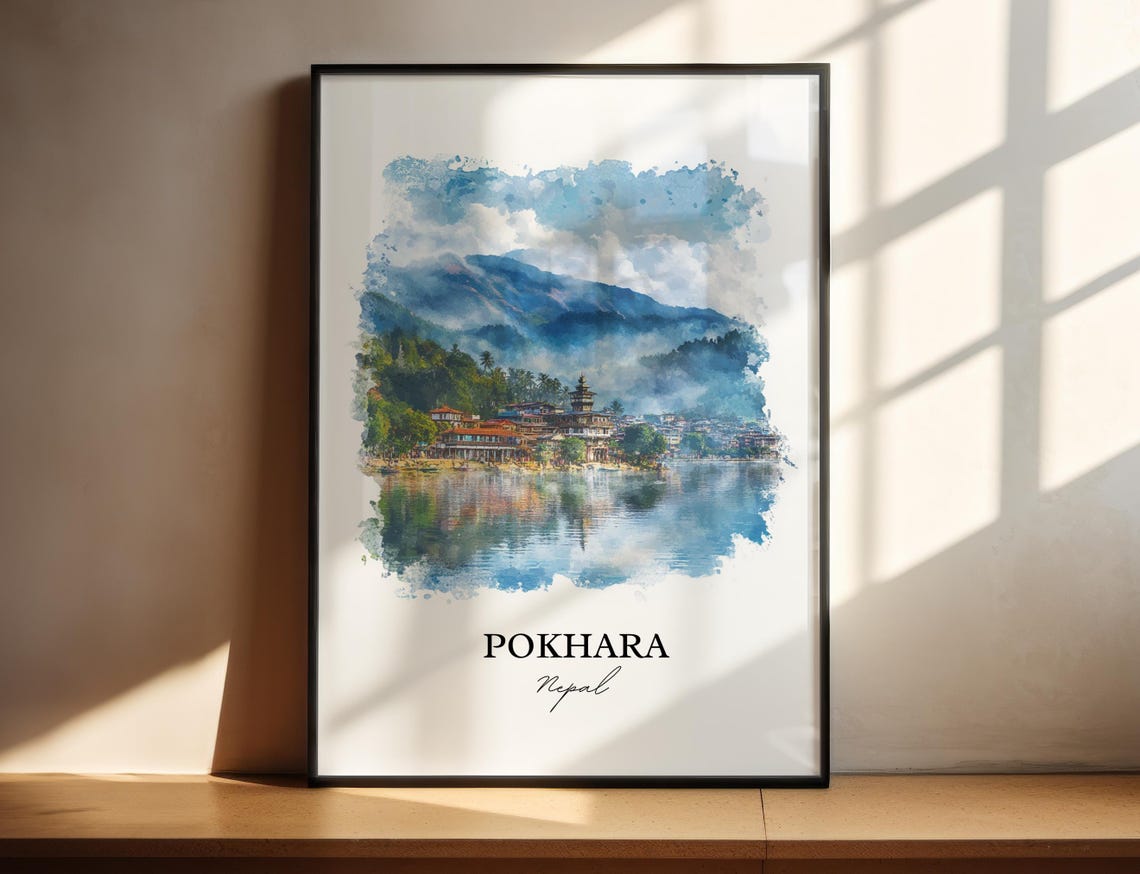 Pokhara Nepal Watercolor Lakeside Temple Mountain View Poster