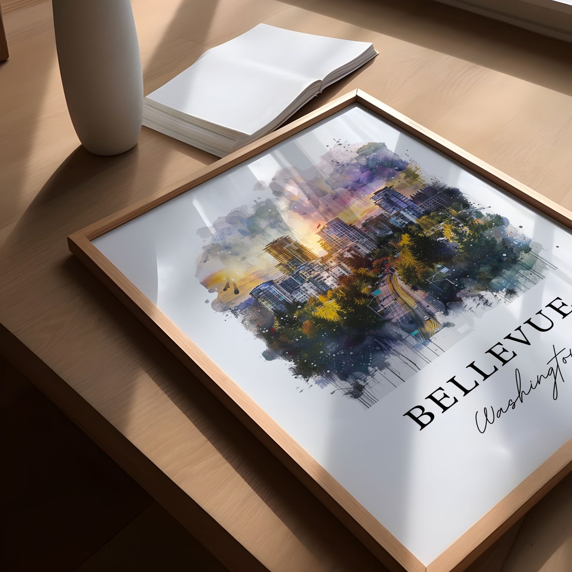 Bellevue Washington Watercolor Downtown Skyline Sunset Poster - Image 5