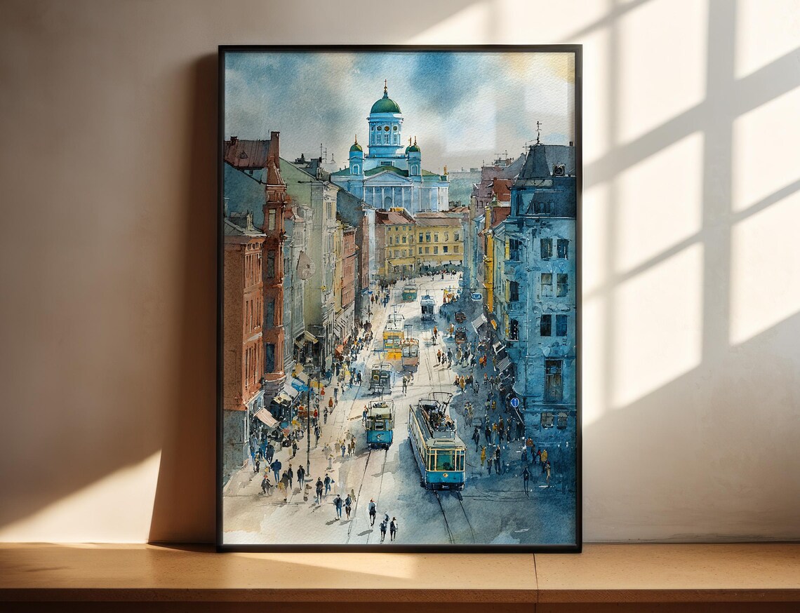 Helsinki Finland Cathedral Tram Street Watercolor City Art Poster
