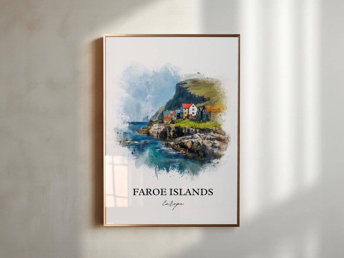 Faroe Islands Colorful Cliff Village Watercolor Europe Travel Poster - Image 5
