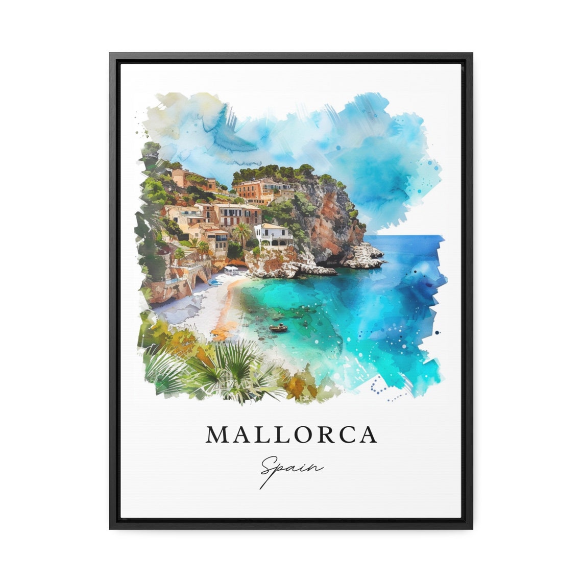 Mallorca Spain Watercolor Turquoise Cove Cliffs Beach Poster - Image 3