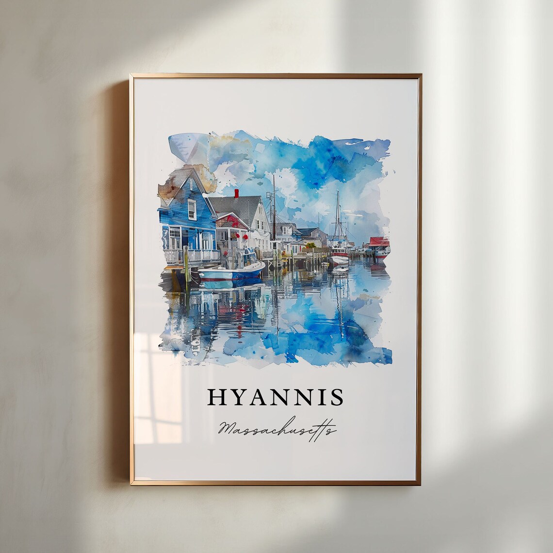 Hyannis Massachusetts Harbor Boats Watercolor Coastal Town Poster