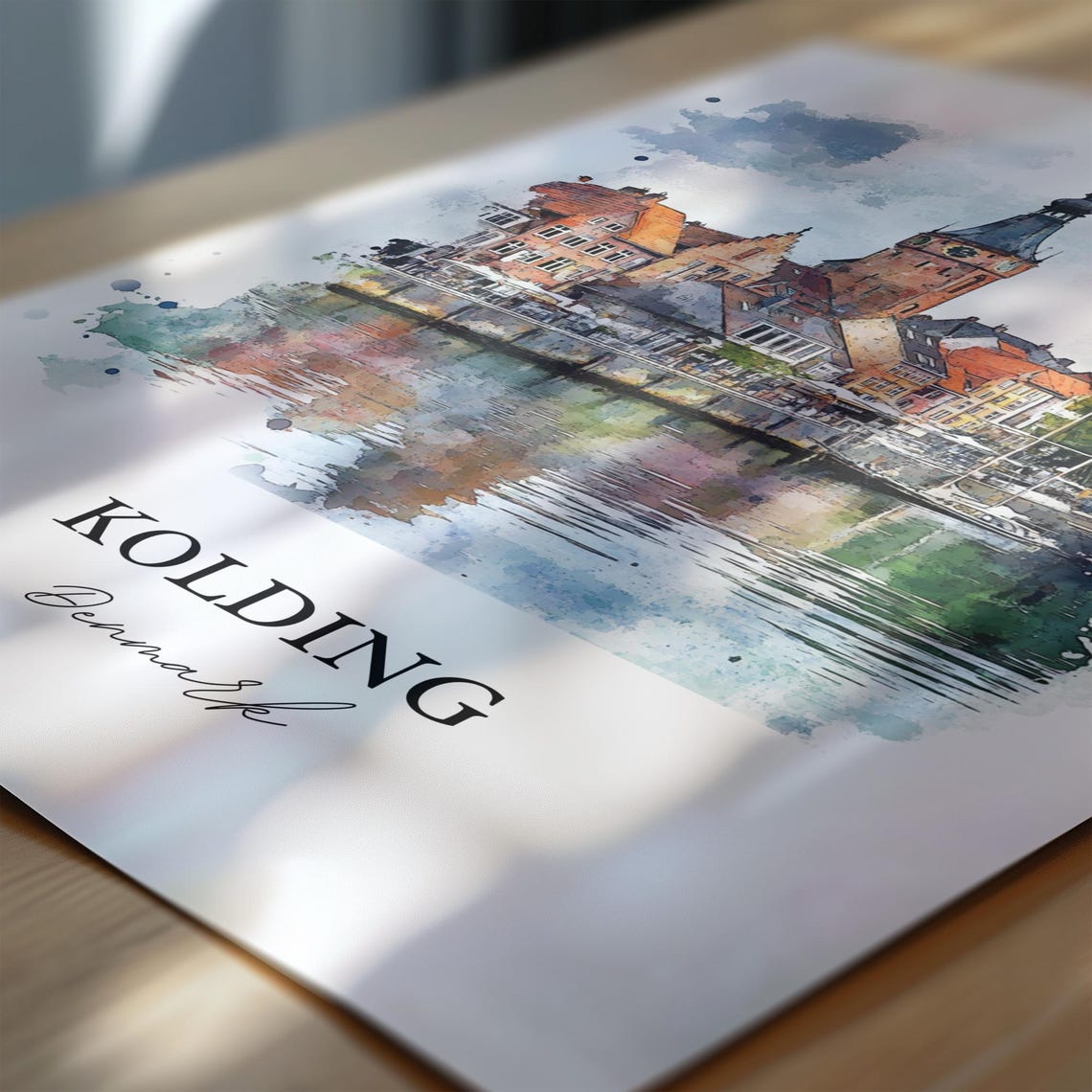 Kolding Denmark Waterfront Church Tower Reflection Watercolor Poster - Image 6