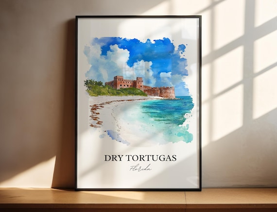 Dry Tortugas Florida Historic Fort Beach Watercolor Travel Poster