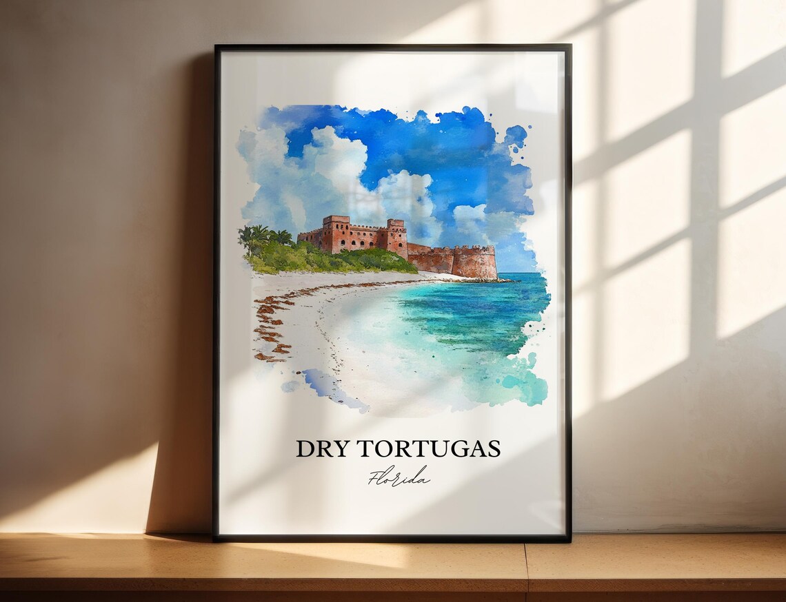 Dry Tortugas Florida Historic Fort Beach Watercolor Travel Poster