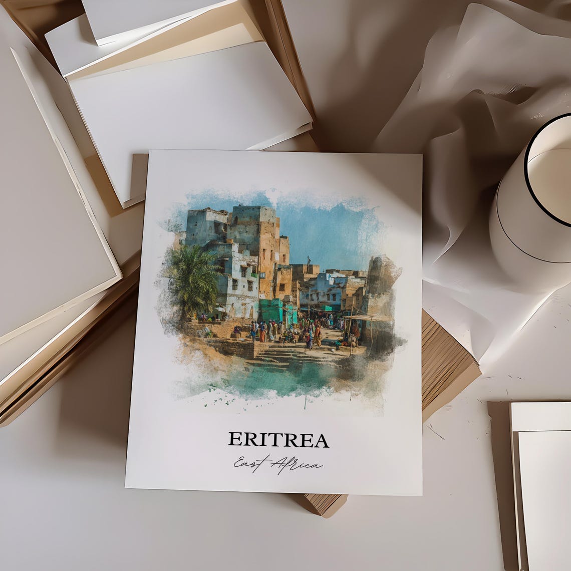 Eritrea East Africa Stone Town Market Watercolor Travel Poster - Image 2