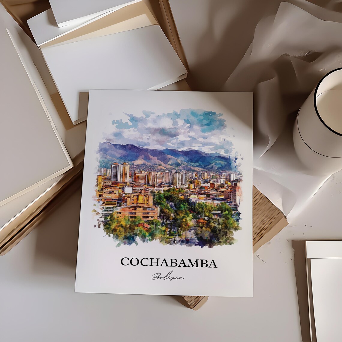 Cochabamba Bolivia Watercolor City Skyline Mountains Travel Poster - Image 3
