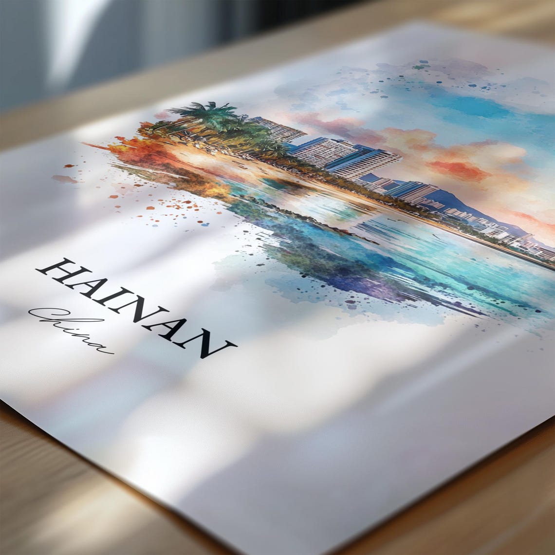 Hainan China Watercolor Beach Skyline Tropical Sunset Poster - Image 7