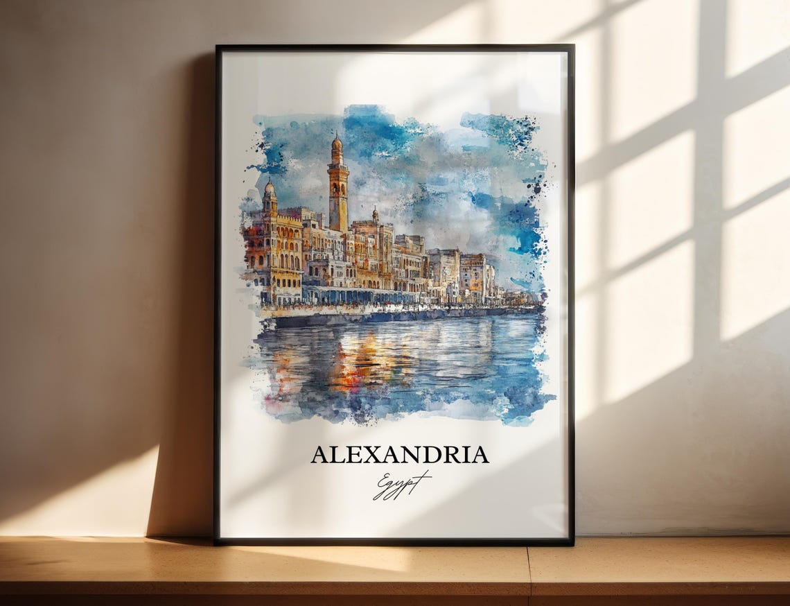 Alexandria Egypt Watercolor Mediterranean Waterfront Travel Poster